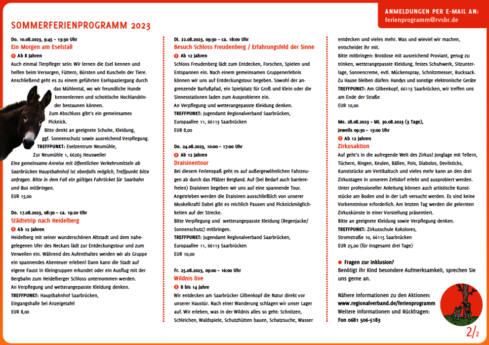 Sommerferienprogramm 2023 Jugendamt Saarbrücken